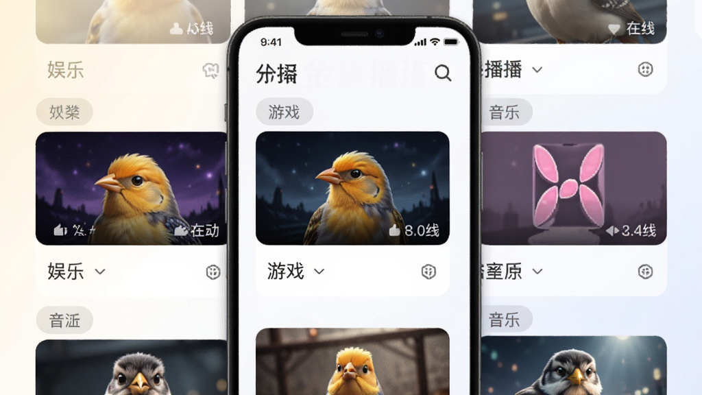 金雀播播直播频道列表界面,手机屏幕中展示多个直播分类卡片,包含娱乐、游戏、音乐等标签,背景为柔和浅色,风格清新简约,细节有封面缩略图与在线人数标识,画质高清干净