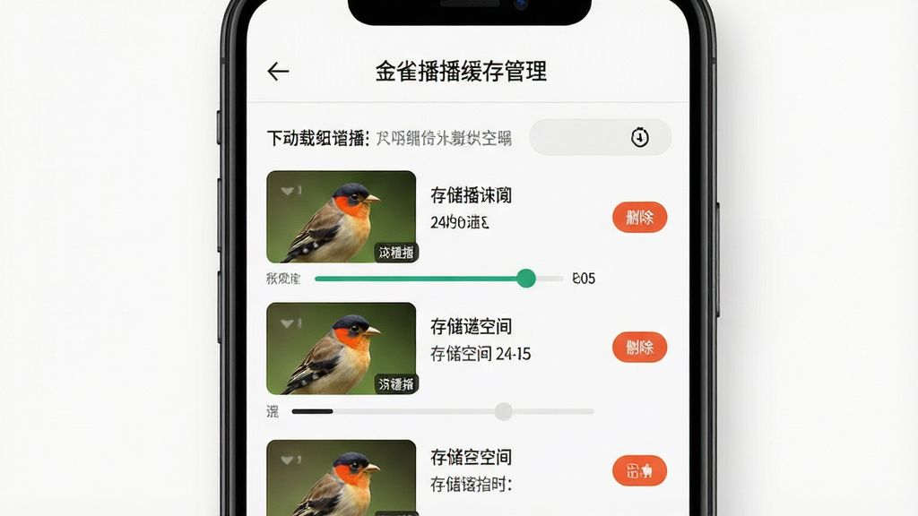 金雀播播缓存管理页面,手机屏幕显示已下载视频列表与下载进度条,背景为白色简洁风格,细节包含删除按钮与存储空间提示,画质高清干净
