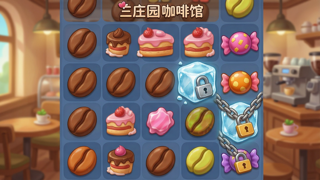一张三消游戏棋盘特写图,画面中心是色彩鲜艳的咖啡豆、蛋糕、糖果图标排列成网格,部分图标带有冰块和锁链特效,背景是模糊的咖啡馆内景,风格为休闲卡通渲染,布局紧凑,细节清晰,画质干净,无多余元素,图片中带有文字