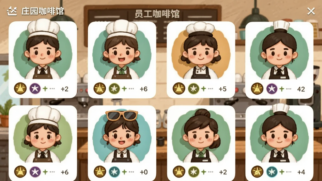 一张员工管理界面截图,画面显示多位卡通风格的咖啡师和服务员头像,每位员工旁边有技能图标和等级数字,背景是咖啡馆后厨场景,风格为休闲卡通,布局整齐,细节清晰,画质干净,无多余元素,图片中带有文字