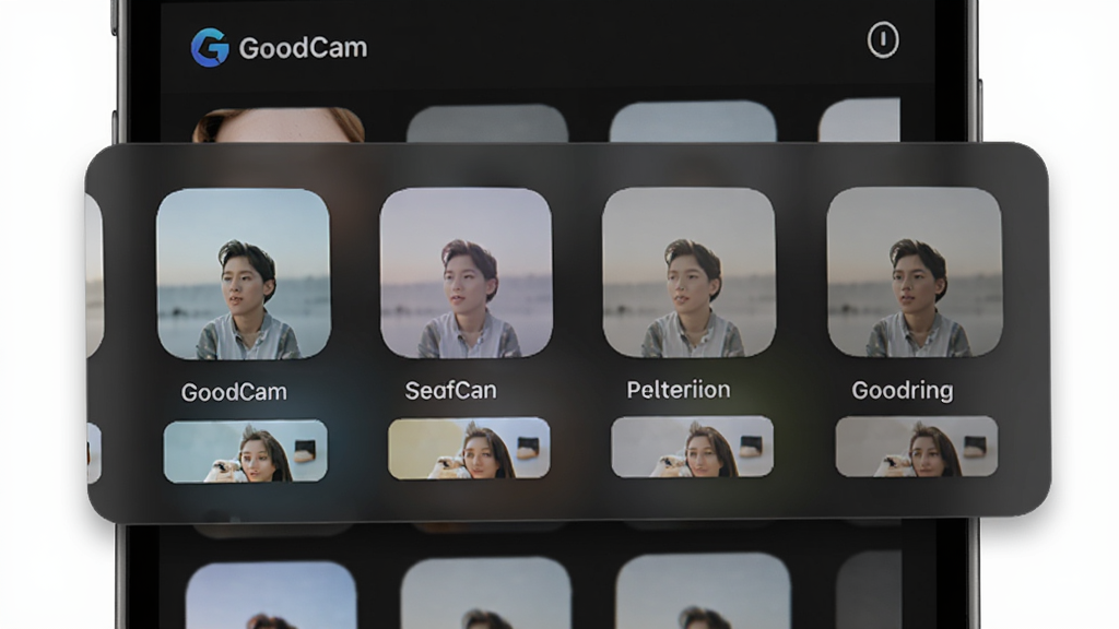 主体是GoodCam软件界面特写,屏幕中展示多款滤镜缩略图排列,布局为横向滑动条样式,背景为深色半透明面板,排版清晰展示滤镜名称和预览小图,风格为现代手机应用UI风格,细节包括滤镜色彩差异明显、图标圆润,画质高清,干净,无多余元素