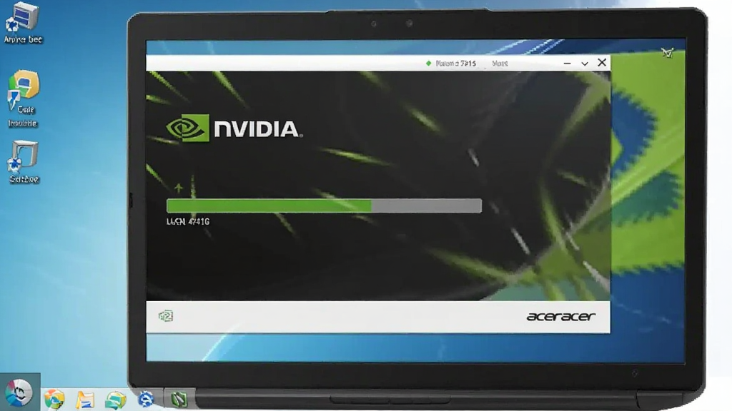 Acer宏Aspire 4741G笔记本显卡驱动安装界面截图,显示安装进度条和NVIDIA图标,屏幕清晰,桌面背景简洁,写实风格,画质干净无多余元素