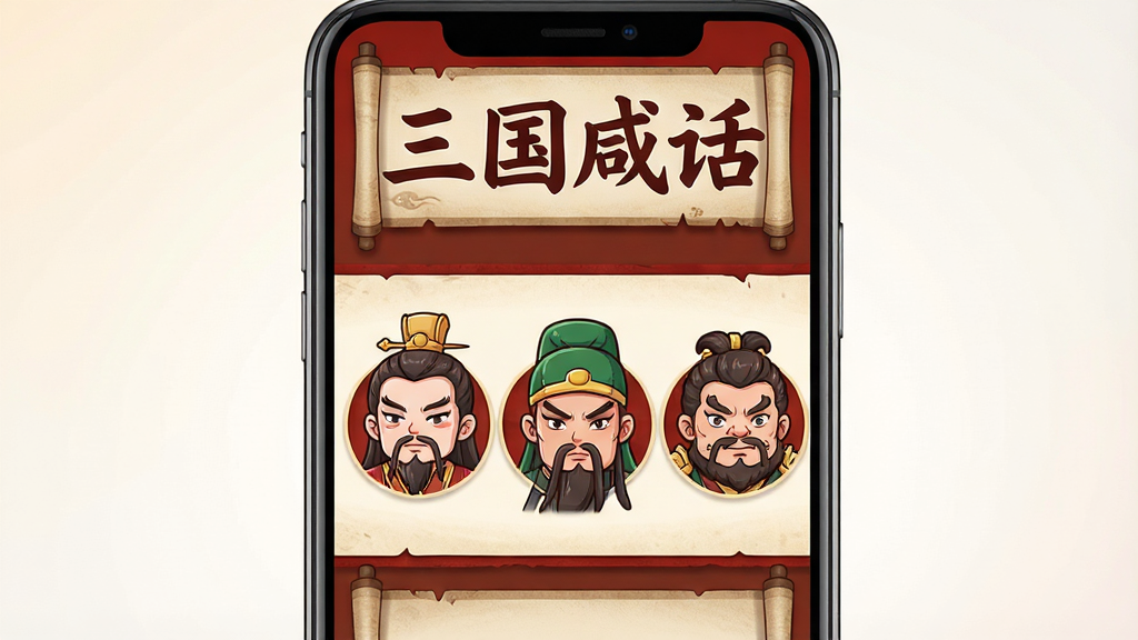 一张展示三国咸话软件主界面的手机预览图,画面中央是一部竖屏智能手机,屏幕内显示三国咸话的首页界面,顶部有“三国咸话”四个大字标题,下方排列着Q版刘备、关羽、张飞三个卡通人物头像,界面配色以红棕与米黄为主,带有古代卷轴纹理装饰,背景为简洁的浅色渐变,整体风格活泼搞笑,画质清晰干净,无多余元素