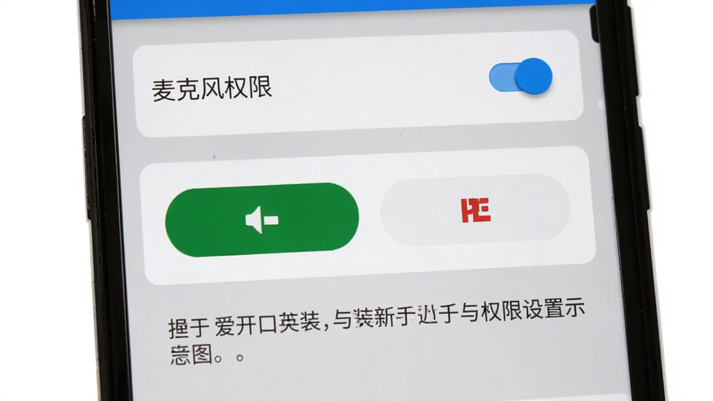 爱开口英语新手安装与权限设置示意图,主体为手机屏幕显示权限管理页面,布局为设置列表,上方显示“麦克风权限”,中间为允许和拒绝按钮,下方为提示文字,排版简洁,风格为安卓系统设置界面,细节包含蓝色开关、灰色背景、白色卡片,画质高清,干净,无多余元素