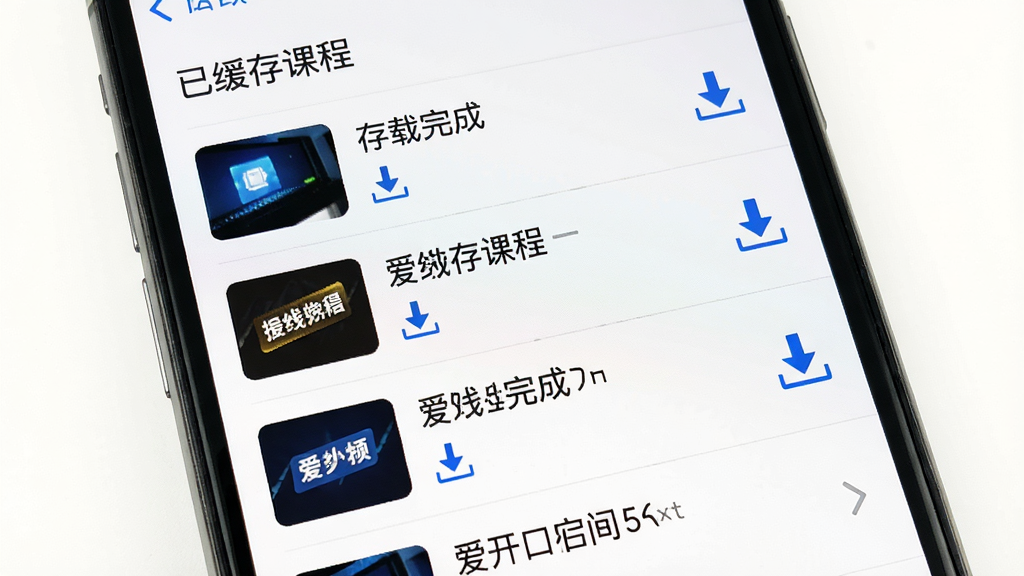 爱开口英语离线练习功能展示,主体为手机屏幕显示下载管理列表,布局为列表式排列,上方显示“已缓存课程”,中间为多个课程条目和下载完成图标,下方为存储空间提示,排版清晰,风格为实用工具类界面,细节包含蓝色下载箭头、灰色分割线、白色背景,画质高清,干净,无多余元素