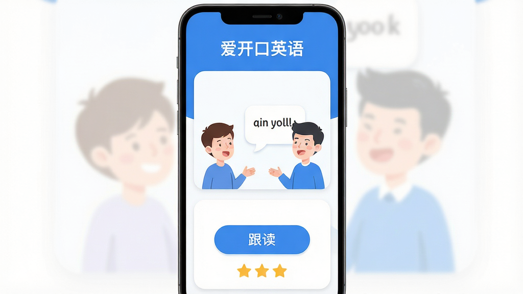爱开口英语软件主界面,手机屏幕中显示英语对话练习场景,主体为一部竖屏安卓手机,布局居中,上方显示软件名称“爱开口英语”,中间为卡通人物开口说英语的对话气泡,下方为跟读按钮和评分星级,排版简洁清爽,风格为扁平化教育类App界面,细节包含蓝色主色调、白色背景、圆角卡片,画质高清,干净,无多余元素
