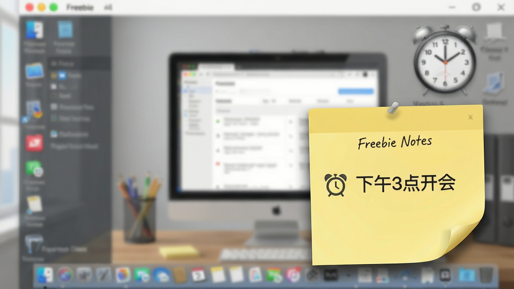 һ��չʾFreebie Notes��ʱ���ѵ�����ͼƬ�������е�����Ļ���½ǵ���һ�Ż�ɫ��ǩ����ǩ��д�С�����3�㿪�ᡱ������һ������ͼ�꣬��Ļ����������ʾģ���İ칫���汳�������ΪдʵUI�廭��ϸ�ڰ���������Ӱ��ʱ��Ԫ�أ����ʸ��壬�ɾ����޶���Ԫ��