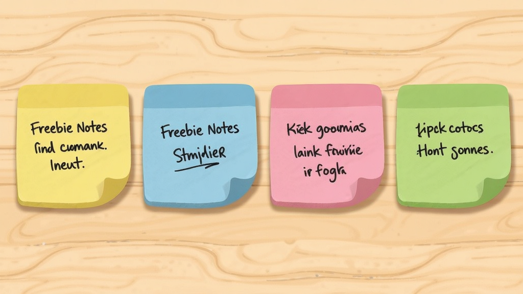 һ��չʾFreebie Notes��ǩ��ɫ�Զ��幦�ܵ�ͼƬ�������в�����ʾ���Ų�ͬ��ɫ�ı�ǩ���ֱ�Ϊ��ɫ����ɫ����ɫ����ɫ��ÿ�ű�ǩ��д�в�ͬ���ݣ���ǩ��Ե��Բ�ǣ�����Ϊǳɫľ�����棬���Ϊ���±�ƽ���廭��ϸ�ڰ�����ǩ����Ӱ����΢ֽ�������������������ɾ����޶���Ԫ��