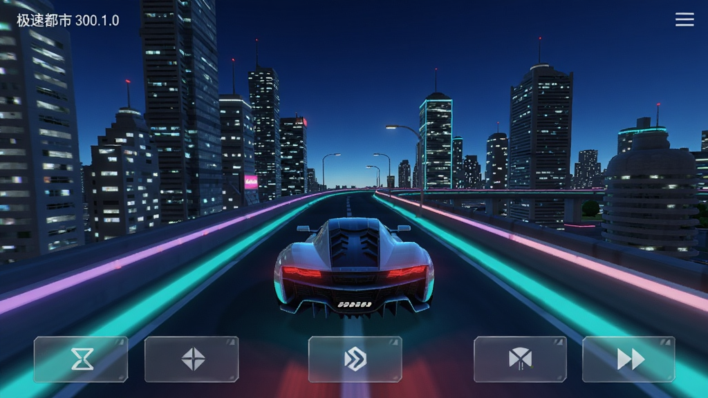 极速都市 300.1.0 版本主界面截图,画面中央展示一辆充满未来感的跑车行驶在霓虹闪烁的都市高架桥上,两侧是鳞次栉比的摩天大楼,天空呈现深蓝色渐变,画面下方有半透明的操作按钮布局,整体风格为3D渲染,画质清晰明亮,干净无多余元素。