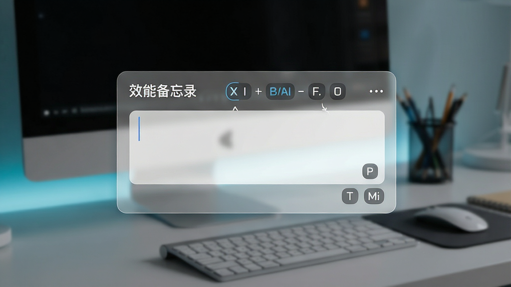 一张展示效能备忘录快速记录功能的图片,画面主体是一个悬浮在桌面上的半透明输入框,输入框顶部标有“效能备忘录”字样,布局为桌面背景上叠加一个简洁输入窗口,排版居中,风格现代科技感,细节上带有键盘快捷键提示符,画质清晰,干净,无多余元素