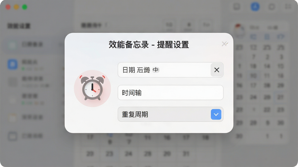 一张展示效能备忘录提醒设置界面的图片,画面中央是一个设置弹窗,弹窗标题为“效能备忘录 - 提醒设置”,布局包含日期选择器、时间输入框和重复周期下拉菜单,风格柔和圆角,细节上突出闹钟图标和日历网格,画质清晰,干净,无多余元素