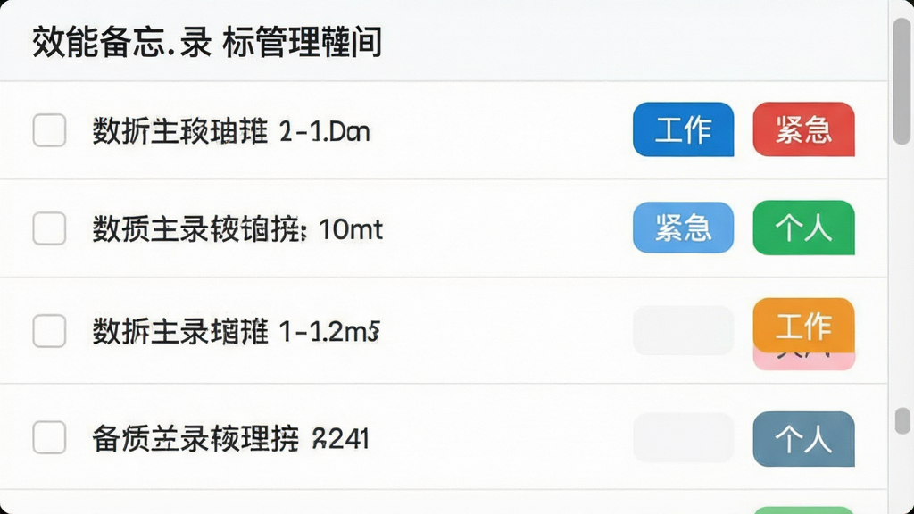 一张展示效能备忘录标签管理功能的图片,画面展示一个软件界面,界面中显示多条备忘录条目,每条条目右侧带有不同颜色的彩色标签,如“工作”、“紧急”、“个人”等,布局为列表视图,风格清新浅色,细节上体现标签的色块和文字,画质清晰,干净,无多余元素