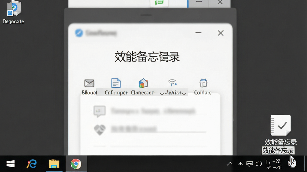 一张展示效能备忘录在Windows系统托盘运行的图片,画面右下角任务栏显示一个简约的备忘录图标,鼠标悬停显示“效能备忘录”字样,布局为桌面截图局部,风格干净清爽,细节上突出系统托盘区域,画质清晰,干净,无多余元素