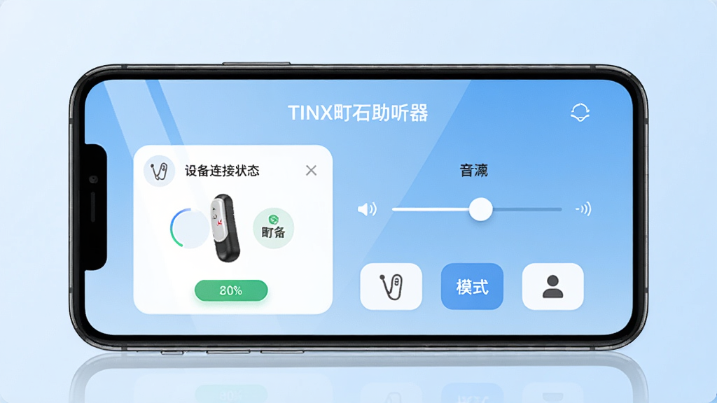 画面中央是一部智能手机,屏幕上显示着“TINX町石助听器”APP的首页界面,界面左侧是助听器设备连接状态卡片,右侧是音量调节滑块和场景模式按钮。背景是浅蓝色渐变,风格简洁现代,布局清晰,细节包括手机边框、屏幕反光、按钮图标,画质高清,干净无多余元素