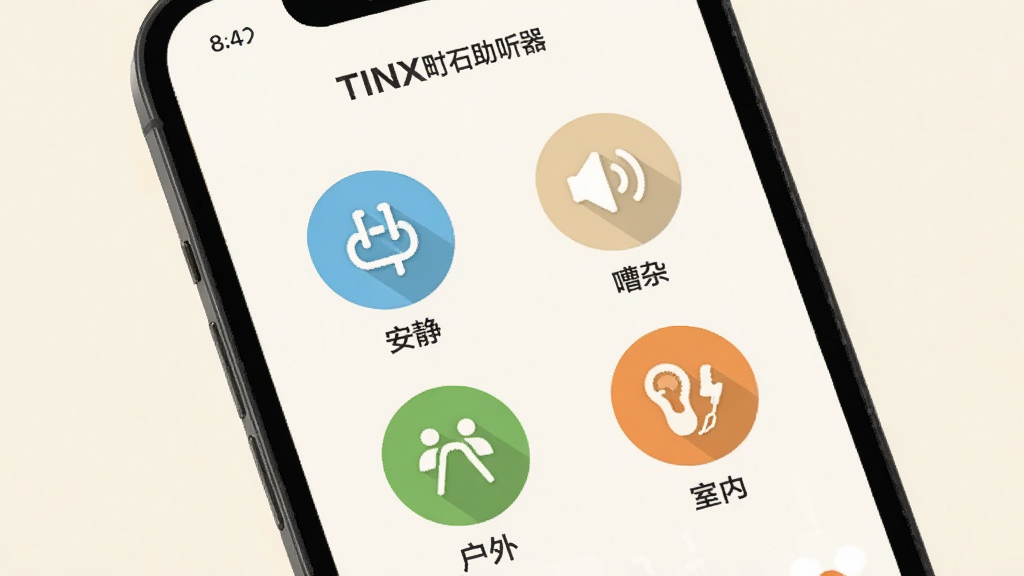 手机屏幕展示“TINX町石助听器”APP的场景模式选择页面,四个圆形图标分别代表安静、嘈杂、户外、室内场景,图标下方有文字标签,背景是柔和的米白色,风格清新简约,细节包括图标设计、文字排版、手机界面,画质清晰,干净无多余元素