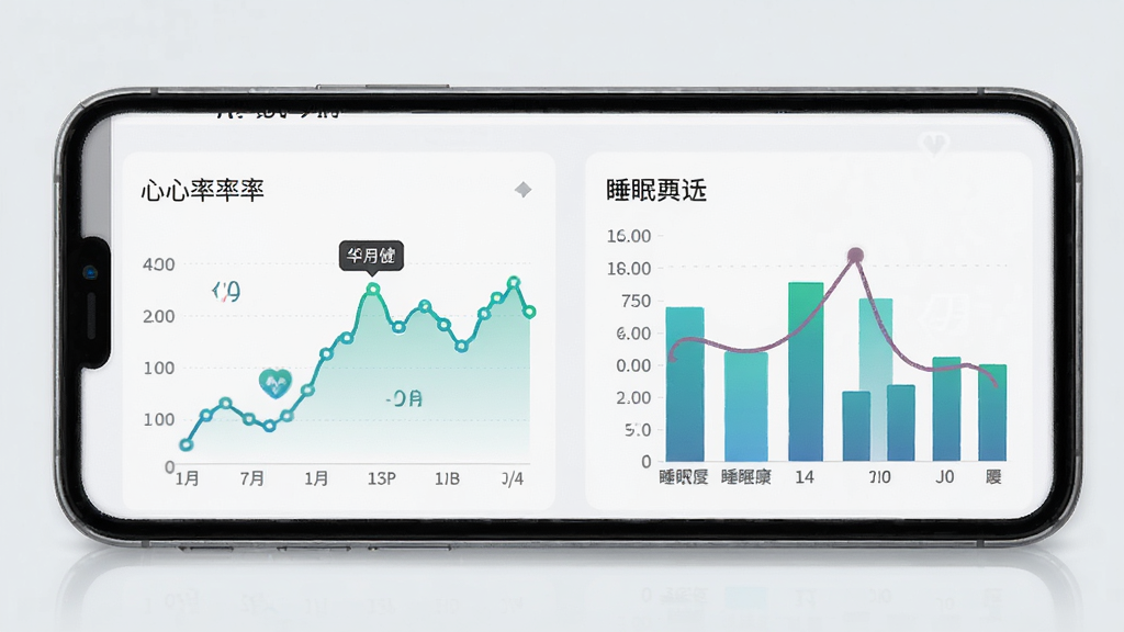 日月健DRH健康数据趋势图表界面,手机屏幕上显示心率折线图和睡眠柱状图,配色以蓝绿色为主,图表清晰美观,背景为浅灰色,整体排版干净利落,画质高清,无多余元素