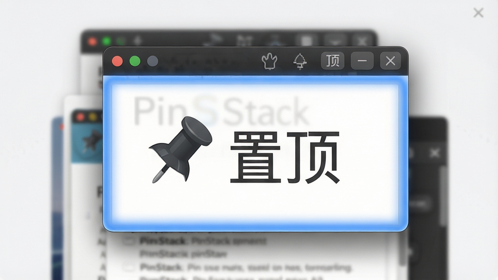 PinStack 软件界面特写,画面展示一个文档窗口被高亮置顶在屏幕最上层,下方隐约可见其他窗口,界面中有 PinStack 的图钉图标和“置顶”文字标识,风格写实,画质细腻,背景干净。