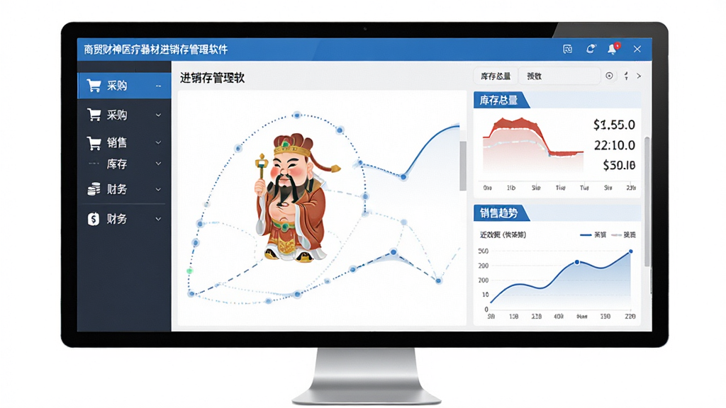 商贸财神医疗器材进销存管理软件的主界面全景展示,画面中央是整洁的软件操作界面,左侧为功能导航栏,包含采购、销售、库存、财务等模块图标,右侧为数据仪表盘,显示库存总量、近效期预警和销售趋势曲线,整体布局清晰有序,采用简约商务风格,蓝白配色,界面细节精致,画质干净清晰,无多余元素