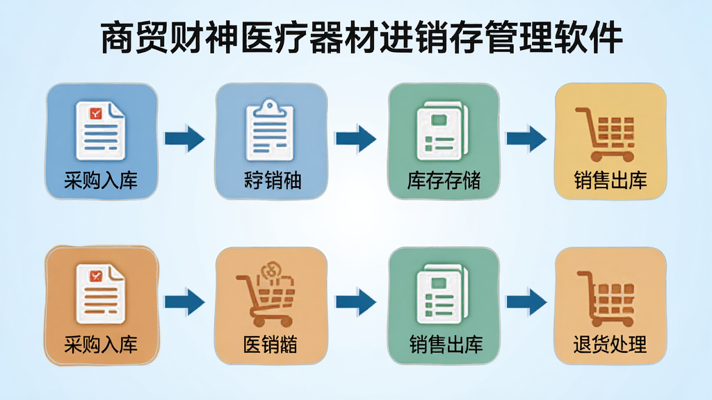 商贸财神医疗器材进销存管理软件全流程进销存管控功能示意图,画面以流程图形式展示采购入库、库存存储、销售出库、退货处理四个环节,每个环节配以对应的单据图标和箭头连接,背景为淡蓝色渐变,风格简洁专业,图中标注“商贸财神医疗器材进销存管理软件”字样,画质清晰干净,无多余装饰