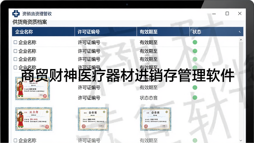 商贸财神医疗器材进销存管理软件GSP合规与资质管理界面图,画面显示供货商资质档案列表,包含企业名称、许可证编号、有效期至和状态标识,部分证照以缩略图形式展示,界面风格正式严谨,以白色和深蓝色为主,屏幕中央有“商贸财神医疗器材进销存管理软件”水印文字,画质干净清晰