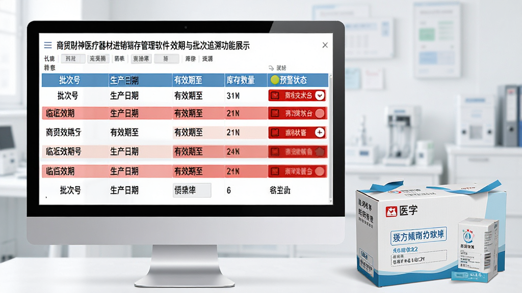 商贸财神医疗器材进销存管理软件效期与批次追溯功能展示图,画面中一台电脑屏幕显示批次追溯列表,每行记录包含批次号、生产日期、有效期至、库存数量和预警状态,临近效期的记录用红色高亮标注,屏幕旁放置一个医疗器材包装盒作为点缀,整体风格干净利落,画质清晰,无多余元素