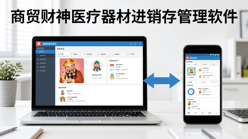 商贸财神医疗器材进销存管理软件使用技巧示意图,画面展示一台笔记本电脑和一部安卓手机并排摆放,电脑屏幕显示软件操作界面,手机屏幕显示移动端同步数据,两者之间用双向箭头连接表示数据互通,背景为简洁的办公桌面,风格清新明快,画质清晰干净,图中带有“商贸财神医疗器材进销存管理软件”文字标识