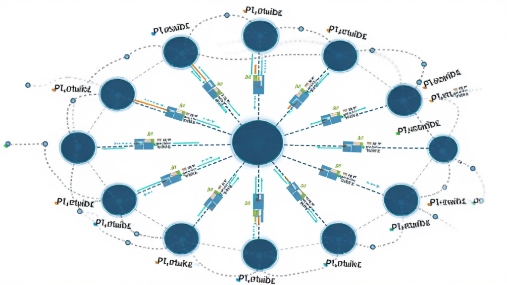 gNucleus去中心化网络拓扑示意图,主体为多个圆形节点通过虚线连接,布局为中心向外辐射状,排版简洁,风格为科技感扁平插画,细节包含高亮的数据包沿连线移动、节点旁标注连接状态,画质干净清晰,无多余元素