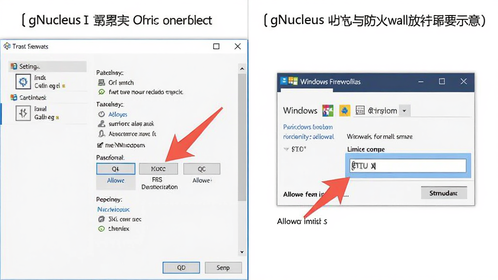 gNucleus设置界面与防火墙放行操作示意,主体为软件设置窗口与Windows防火墙弹窗并列,布局左右分栏,排版清晰,风格为教程截图风格,细节包含红色箭头指向允许访问按钮、蓝色高亮限速输入框,画质干净,无多余文字装饰