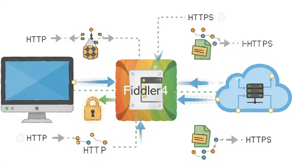 һ��Fiddler4ץ����������ͼ������������Fiddler4����ͼ�꣬��������ֱ����ӵ����뻥�����ƶ䣬�м�����������ͷ��������ͼ�꣬���Ϊ��ƽ����Ϣͼ��ϸ�ڰ���HTTP��HTTPS���ֱ�ǩ������ͼ�ꡢ���ݰ�Сͼ�꣬���������������ɾ���������Ԫ��