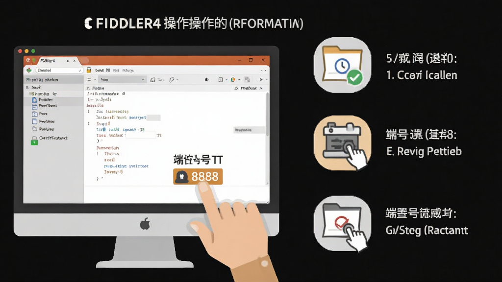 һ��Fiddler4������ʾ��Ϣͼ�������ǵ�����Ļ��ʾFiddler4���棬�Ա�����ָ������������ͼ�꣬����Ϊ��ͼ���ģ����Ϊ��ƽ���̳̲廭��ϸ�ڰ���֤�鰲װͼ�ꡢ��������ͼ�ꡢ�˿ں�8888��ǩ�����ʸ��壬����ɾ����޶���Ԫ��