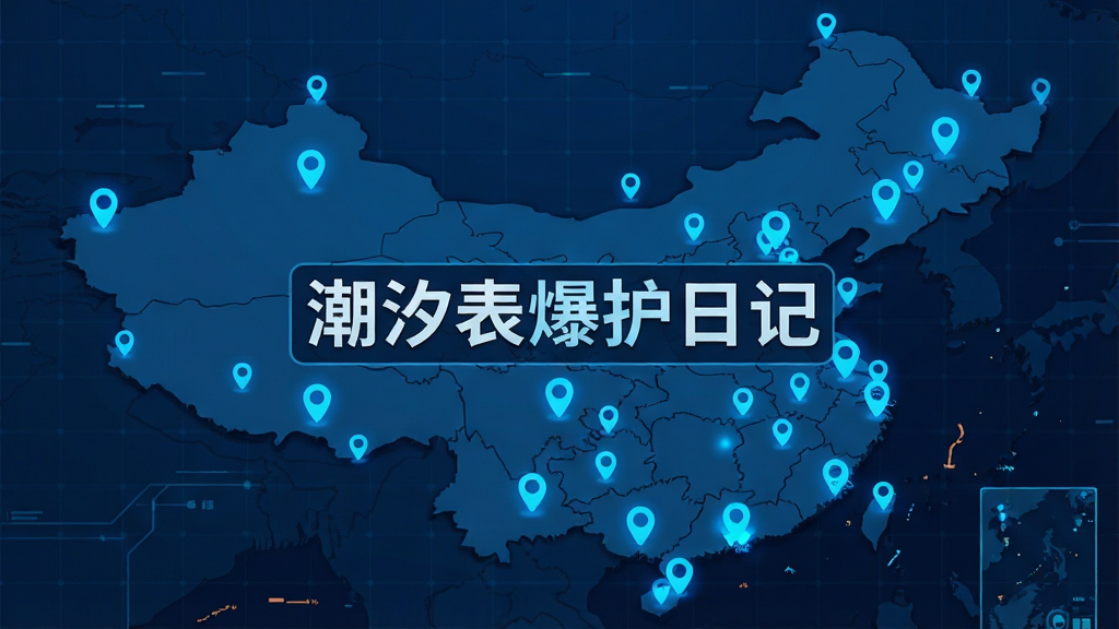 一张中国地图的插画,地图上散布着许多发光的蓝色定位图标,代表不同的潮汐监测站点,地图背景是深蓝色科技感网格,画面中央有“潮汐表爆护日记”的文字标识,风格为扁平化信息图,细节清晰,画质干净,无多余元素