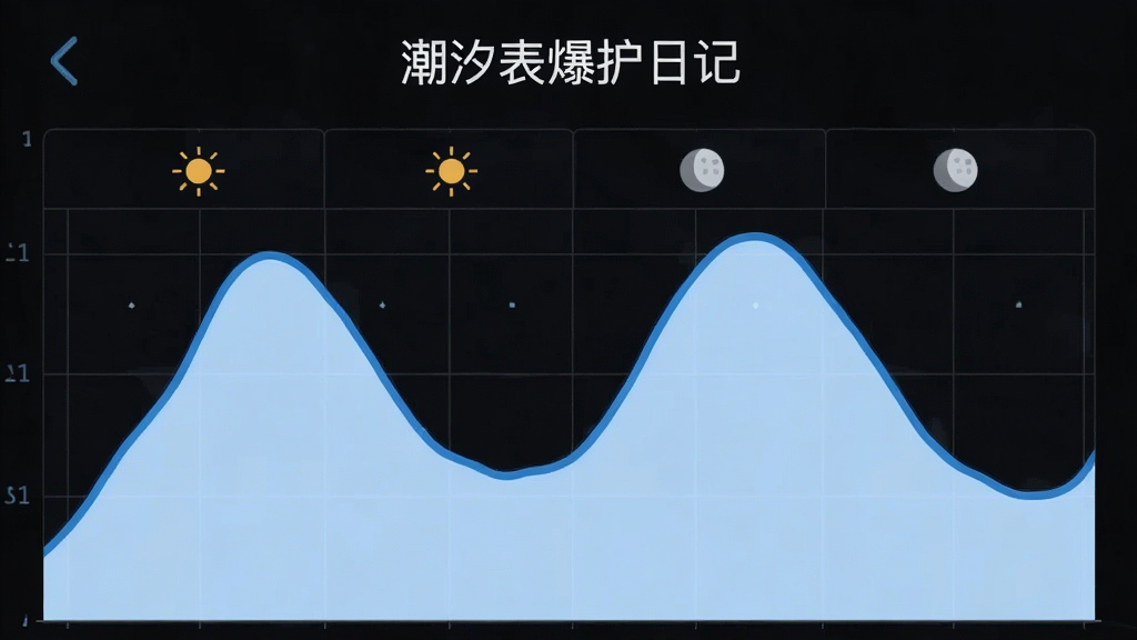 一张手机应用截图风格的图片,画面主体是“潮汐表爆护日记”的曲线图界面,一条平滑的蓝色曲线在网格背景上起伏,曲线下方填充了浅蓝色,上方有太阳和月亮的小图标表示昼夜,界面简洁现代,画质清晰,干净,无多余元素