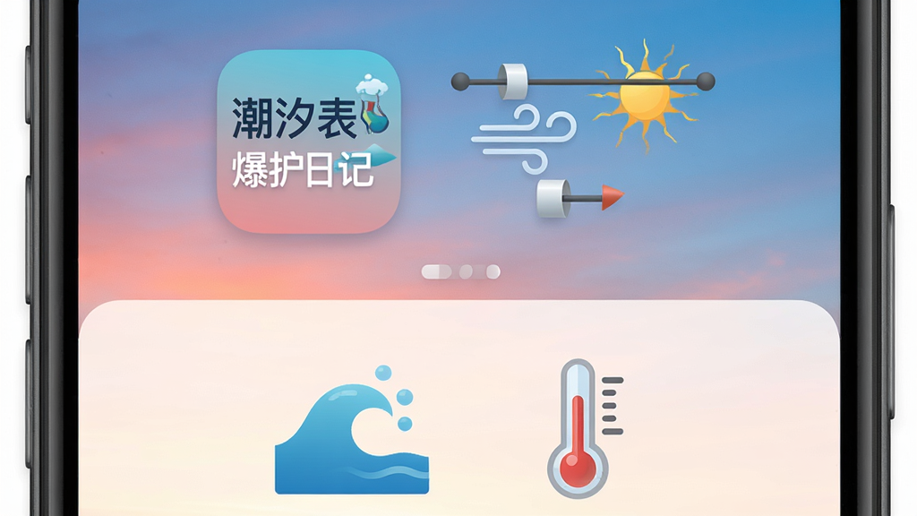 一张展示天气与潮汐信息结合的手机界面图片,界面上半部分显示着“潮汐表爆护日记”的图标和风力风向标,下半部分显示着海浪和温度计图标,背景是渐变的天空色,风格为现代UI设计,细节清晰,画质干净,无多余元素