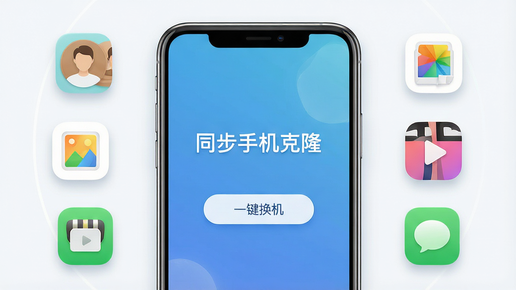 一张展示同步手机克隆软件主界面的图片,画面中央是一部智能手机屏幕显示软件欢迎页面,标题文字为“同步手机克隆”,下方有“一键换机”按钮,周围环绕联系人、照片、视频、短信等数据图标,整体布局简洁对称,风格清新科技感,细节包括圆角图标与柔和阴影,画质清晰干净,无多余元素