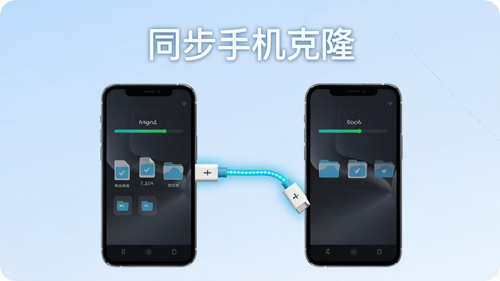 两部手机并排摆放,屏幕之间用一条发光的数据线连接,上方悬浮“同步手机克隆”文字,背景是简约的浅蓝色渐变,风格扁平化科技风,细节包括手机屏幕显示传输进度条与文件图标,画质清晰干净,无多余元素