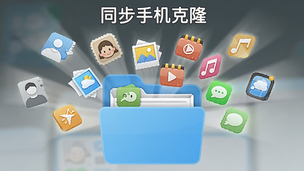 画面中央是一个打开的文件夹图标,里面飞出各种类型的小图标代表联系人、照片、视频、音乐、短信、应用,文件夹上方写着“同步手机克隆”,布局呈放射状,风格卡通简约,细节包括彩色图标与柔和光晕,画质清晰干净,无多余元素