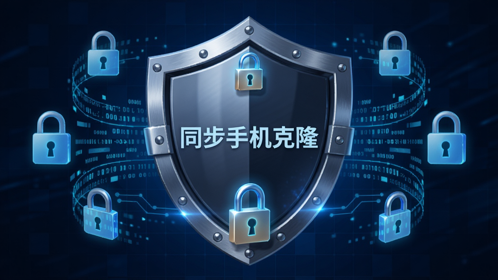 一个盾牌图标中央写着“同步手机克隆”,盾牌周围环绕锁形符号与数据流线条,背景为深蓝色科技感网格,风格安全防护主题,细节包括金属质感盾牌与发光锁扣,画质清晰干净,无多余元素