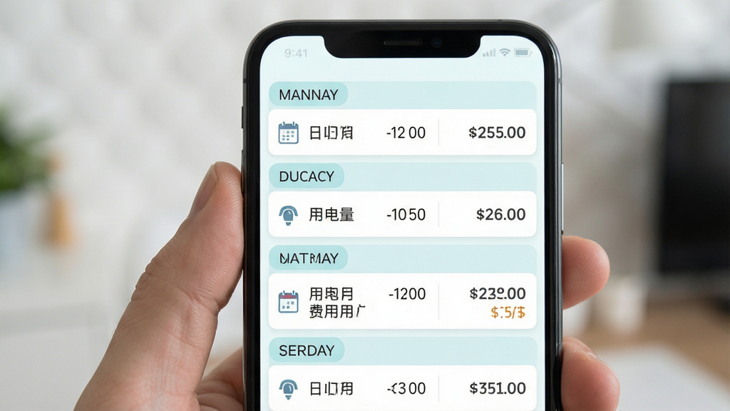 免费计算水电缴费软件历史记录页面图,主体为手机屏幕,屏幕中显示按月份分组的水电费记录列表,每条记录包含日期、用电量、用水量、费用金额,布局为垂直列表,排版疏朗,风格为清新浅色系,细节包括日历图标、金额数字、月份标签,画质高清,干净,无多余元素