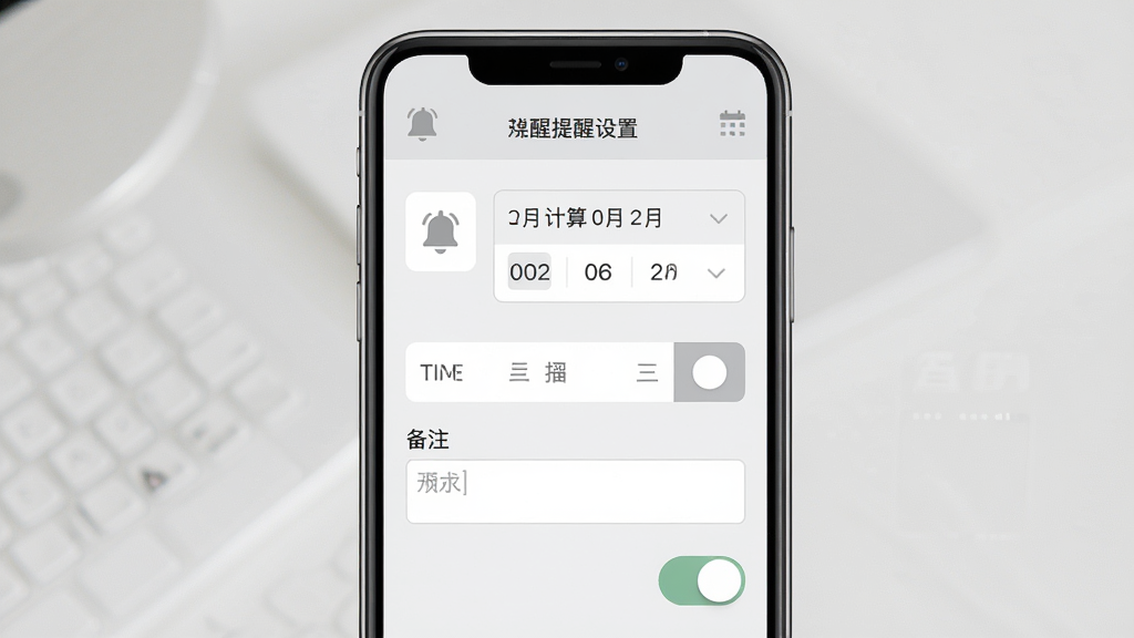 免费计算水电缴费软件缴费提醒设置图,手机屏幕显示提醒设置界面,有日期选择器、时间选择器、备注输入框,布局上下结构,排版清晰,风格为淡雅灰白配色,细节包括铃铛图标、日历图标、开关按钮,画质高清,干净,无多余元素