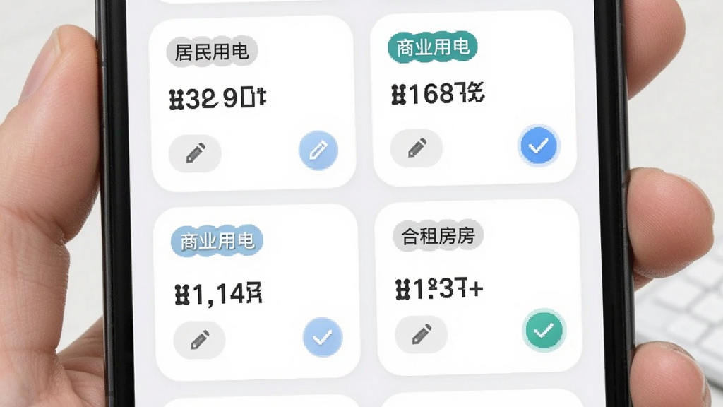 免费计算水电缴费软件单价模板设置图,手机屏幕中显示多个单价模板卡片,卡片上有居民用电、商业用电、合租房等标签,布局为网格排列,排版规整,风格为柔和圆角设计,细节包括单价数字、编辑按钮、选中状态勾选标记,画质清晰,干净,无多余元素