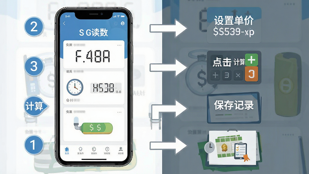 免费计算水电缴费软件使用教程示意图,手机屏幕显示分步操作指引,第一步输入读数,第二步设置单价,第三步点击计算,第四步保存记录,布局为纵向流程图,排版清晰,风格为扁平化教学图示,细节包括数字序号、箭头指示、手机界面缩略图,画质高清,干净,无多余元素
