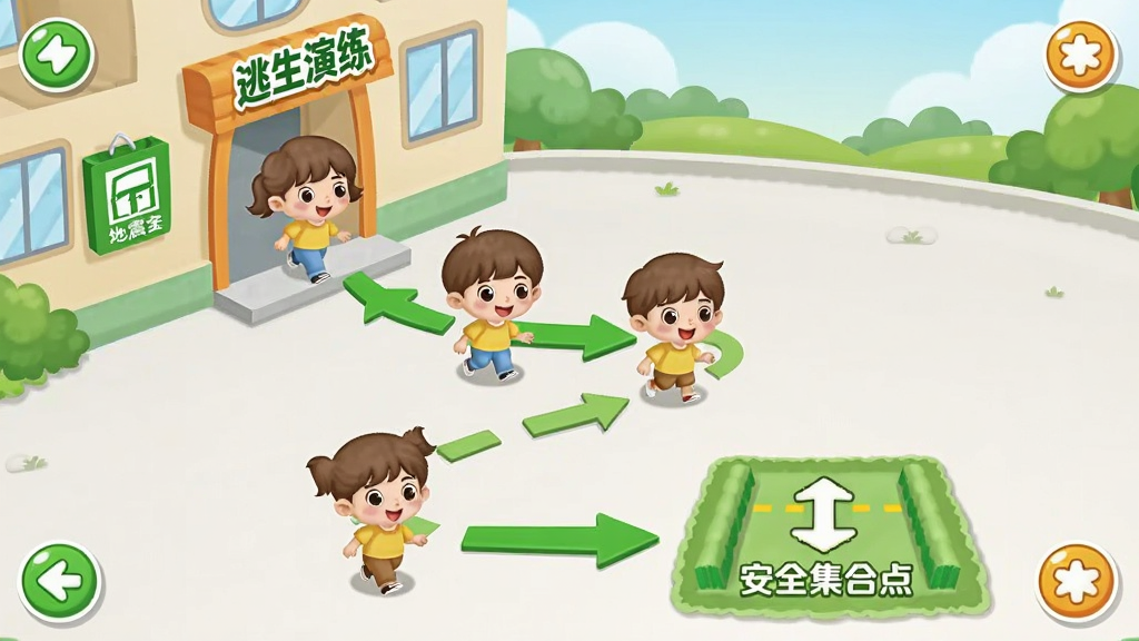 宝宝地震安全2逃生演练互动界面,画面展示卡通小朋友从建筑物中有序撤离到户外空旷场地的过程,布局采用纵向流程图排版,上方为建筑物出口,中间为逃生路线箭头,下方为安全集合点,风格为儿童早教互动游戏界面风格,细节包含绿色安全标识、方向指引箭头、微笑的卡通角色,画质清晰柔和,无多余装饰元素