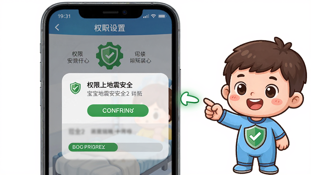 宝宝地震安全2安装设置界面,画面展示手机屏幕上显示权限请求弹窗和安装进度条,旁边有卡通角色指引操作,布局采用手机屏幕截图风格排版,风格为科技与卡通结合的界面风格,细节包含清晰的文字提示、绿色确认按钮、盾牌安全图标,画质干净锐利,无多余装饰