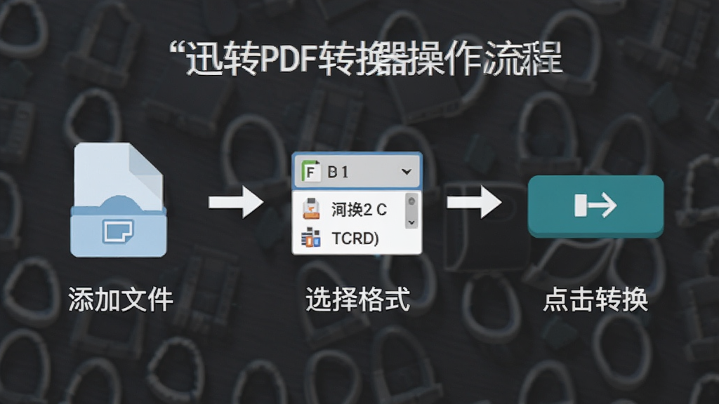 一张展示迅转PDF转换器操作流程的图片,画面以三步流程图形式呈现,第一步添加文件,第二步选择格式,第三步点击转换,每一步配有简洁图标和文字说明,布局采用横向流程式排版,风格扁平化设计,细节包括文件图标、格式下拉菜单、转换按钮,画质清晰,画面干净,无多余元素
