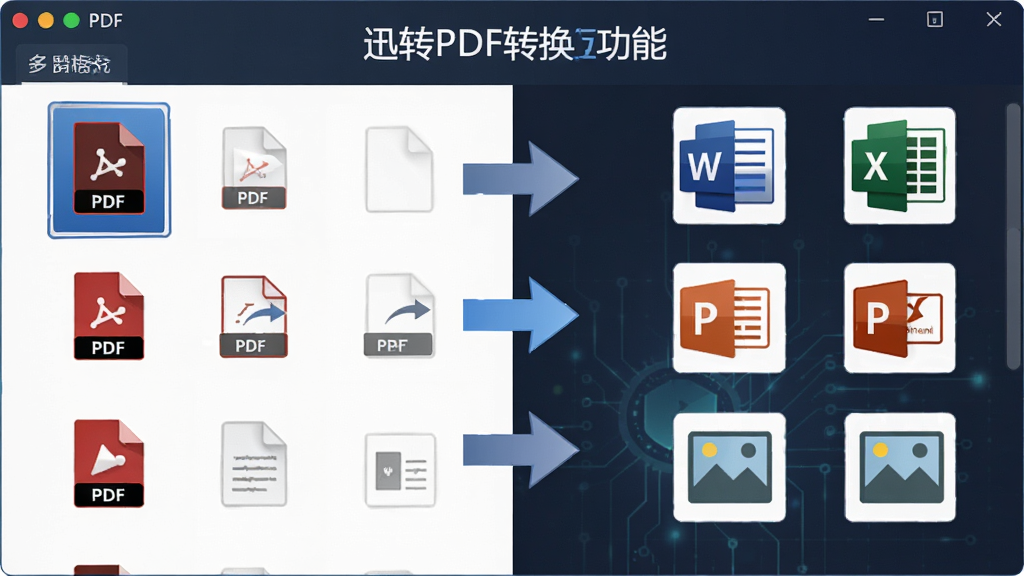 一张展示迅转PDF转换器多格式互转功能的图片,画面主体是软件操作界面,左侧列出PDF文件,右侧显示Word、Excel、PPT、图片等多种格式图标,中间用箭头连接表示转换方向,布局采用左右分栏式排版,风格简洁科技感,细节包括格式图标、转换箭头、文件缩略图,画质清晰,画面干净,无多余元素