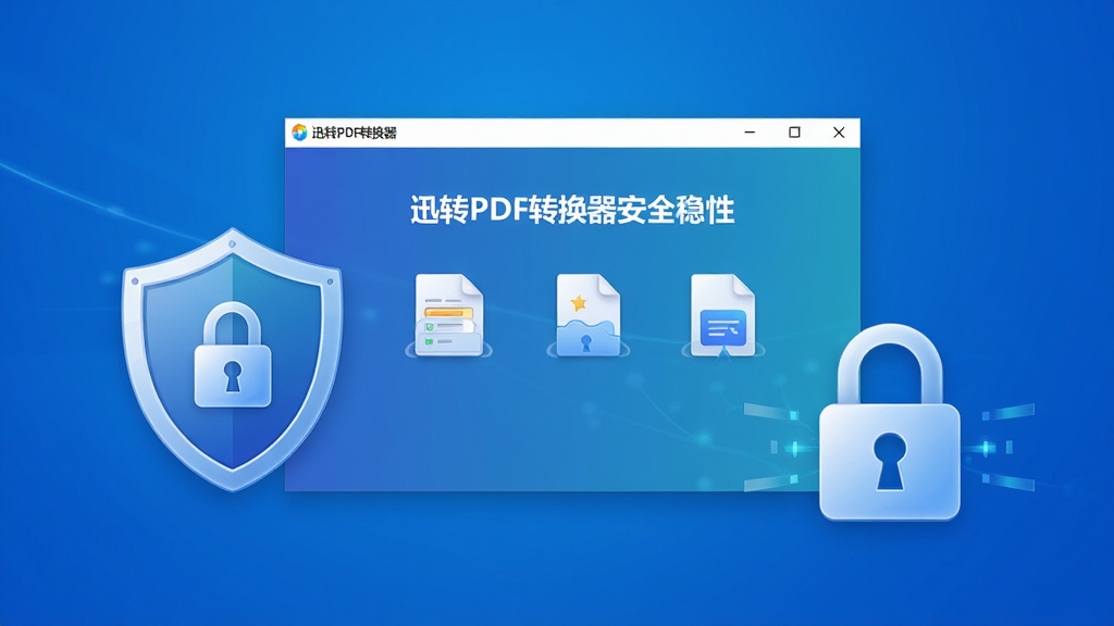 一张展示迅转PDF转换器安全稳定特性的图片,画面主体是软件运行界面,旁边有盾牌图标和锁形图标表示安全保护,背景为简洁的科技蓝渐变,布局采用中心突出式排版,风格安全可靠,细节包括盾牌、锁、软件窗口、文件图标,画质高清,画面干净,无多余元素