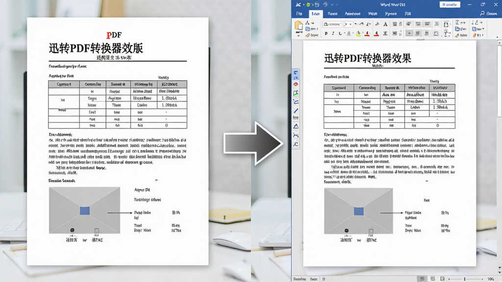 一张展示迅转PDF转换器排版还原效果的图片,画面左侧是一份排版整齐的PDF文档,右侧是转换后的Word文档,两者版式高度一致,中间用对比箭头连接,布局采用左右对比式排版,风格写实办公,细节包括文档标题、表格线条、段落文字、图片位置,画质高清,画面干净,无多余元素