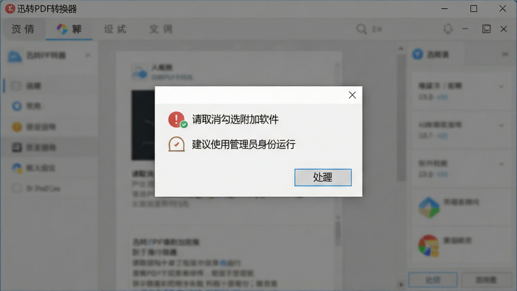 一张展示迅转PDF转换器新手操作提示的图片,画面主体是软件界面与提示弹窗,弹窗中显示“请取消勾选附加软件”“建议使用管理员身份运行”等提示文字,布局采用中心弹窗式排版,风格简洁提示,细节包括软件窗口、弹窗按钮、提示图标,画质清晰,画面干净,无多余元素