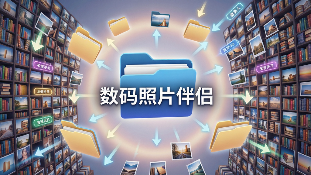 一个由无数彩色照片方块组成的巨大数字图书馆场景,主体是漂浮在空中的文件夹图标和照片缩略图,布局错落有致,排版呈现放射状扩散,风格为超现实主义数字艺术,细节包括发光的分类标签、自动排序的箭头指示、柔和的背景光晕,画质为8K超高清,干净无多余元素,画面中央带有“数码照片伴侣”文字标识。
