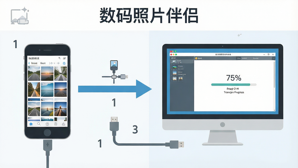 一张展示电脑桌面上数码照片伴侣软件正在运行,旁边放着手机和数据线,画面中有箭头指示从手机导入照片到电脑的流程,布局为左右分栏,左侧手机屏幕显示照片库,右侧电脑屏幕显示软件界面,风格为扁平化信息图,细节包括数据线连接图标、传输进度百分比、清晰的步骤序号,画质为高清,干净无多余元素,顶部有“数码照片伴侣”标题。